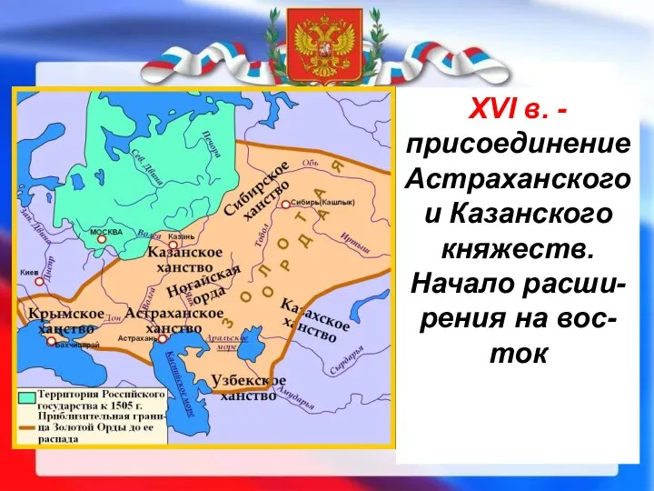 XVI в. - присоединение Астраханского и Казанского княжеств. Начало расши-рения на вос-ток