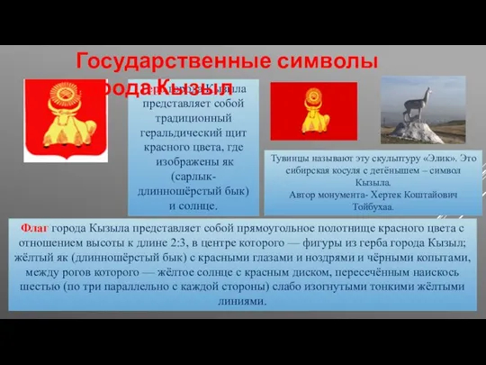 Герб города Кызыла представляет собой традиционный геральдический щит красного цвета, где изображены