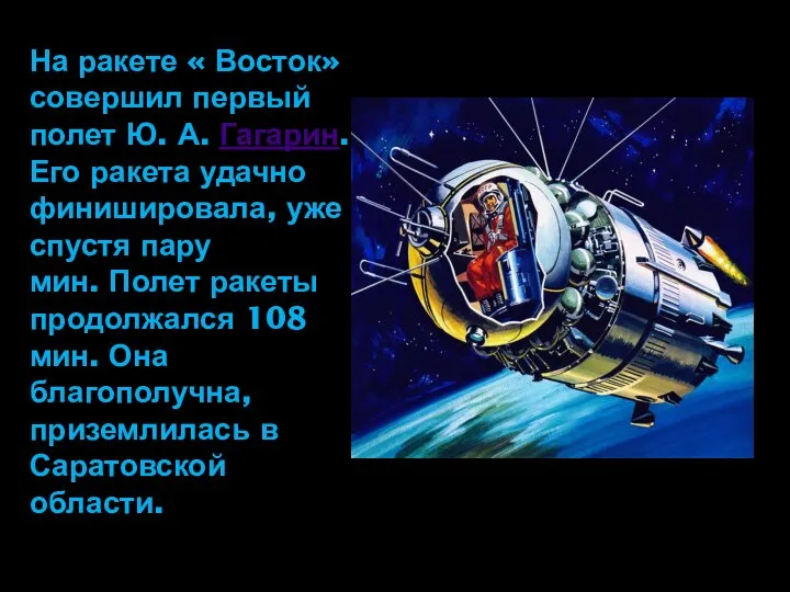 На ракете « Восток» совершил первый полет Ю. А. Гагарин. Его ракета