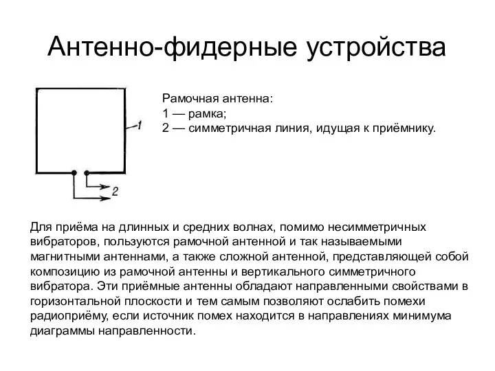 Антенно-фидерные устройства Рамочная антенна: 1 — рамка; 2 — симметричная линия, идущая