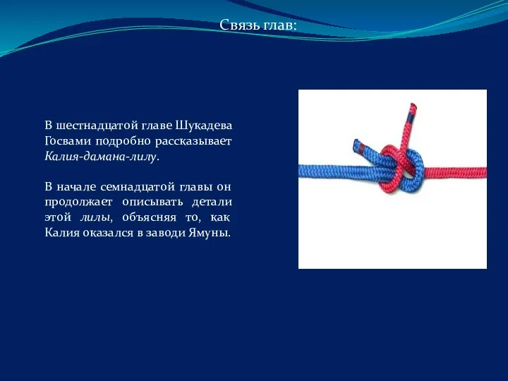 Связь глав: В шестнадцатой главе Шукадева Госвами подробно рассказывает Калия-дамана-лилу. В начале