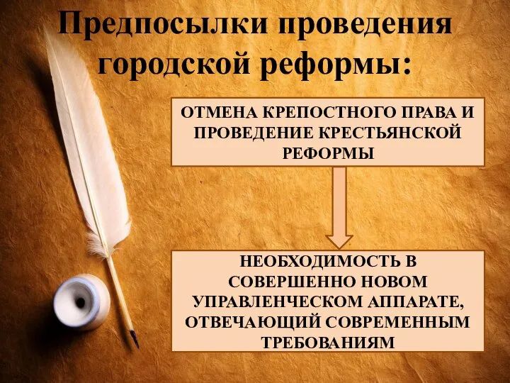 Предпосылки проведения городской реформы: ОТМЕНА КРЕПОСТНОГО ПРАВА И ПРОВЕДЕНИЕ КРЕСТЬЯНСКОЙ РЕФОРМЫ НЕОБХОДИМОСТЬ