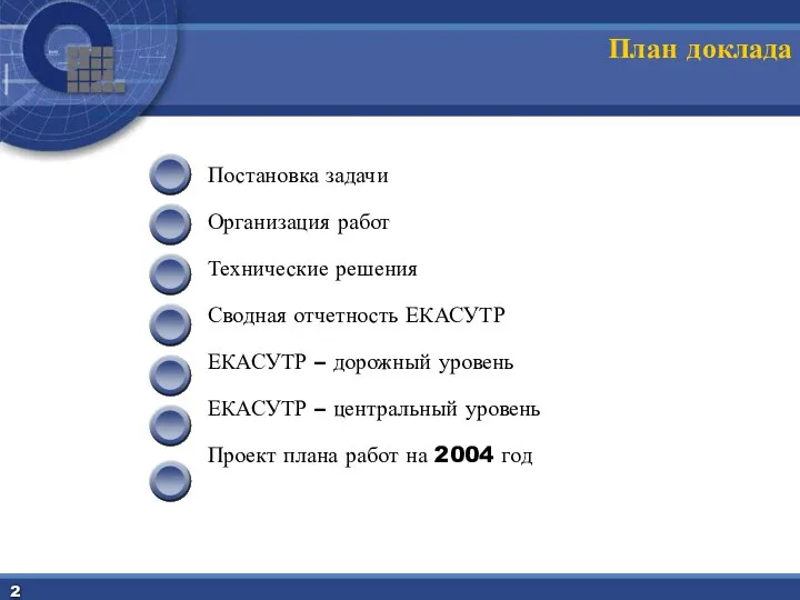 План доклада Постановка задачи Организация работ Технические решения Сводная отчетность ЕКАСУТР ЕКАСУТР