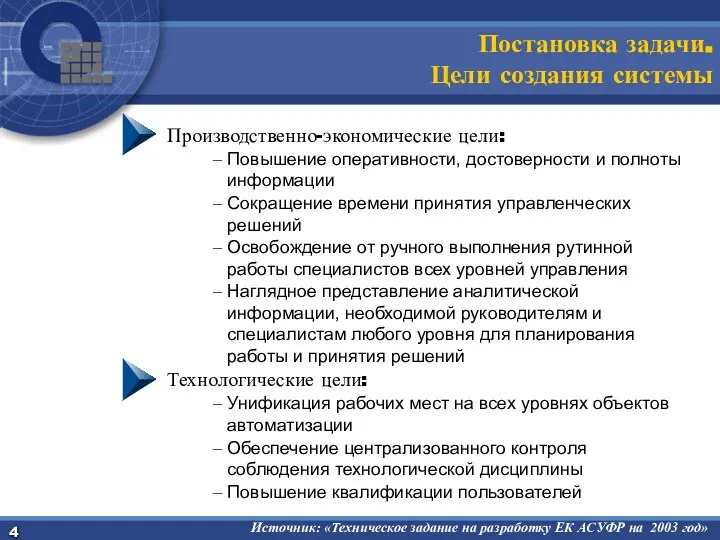 Постановка задачи. Цели создания системы Производственно-экономические цели: Повышение оперативности, достоверности и полноты