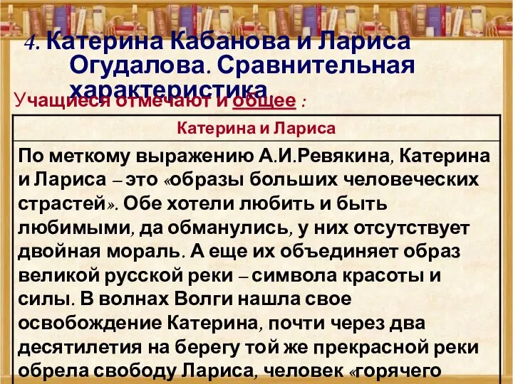 4. Катерина Кабанова и Лариса Огудалова. Сравнительная характеристика. Учащиеся отмечают и общее :