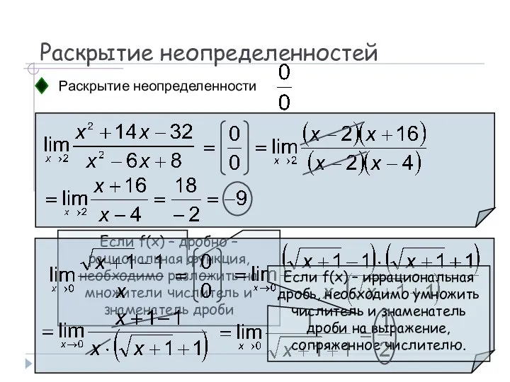 Раскрытие неопределенностей Раскрытие неопределенности Если f(x) – дробно – рациональная функция, необходимо