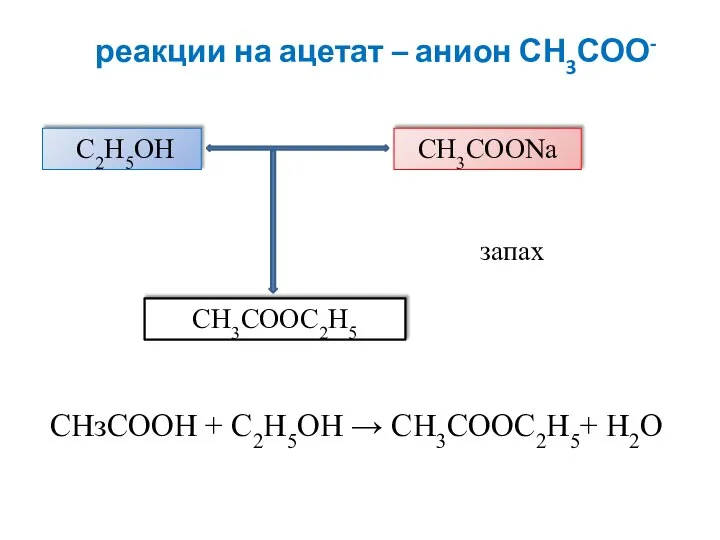 реакции на ацетат – анион СН3СОО- С2Н5ОН CH3COONa СН3СООС2Н5 СНзСООН + С2Н5ОН → СН3СООС2Н5+ Н2О запах