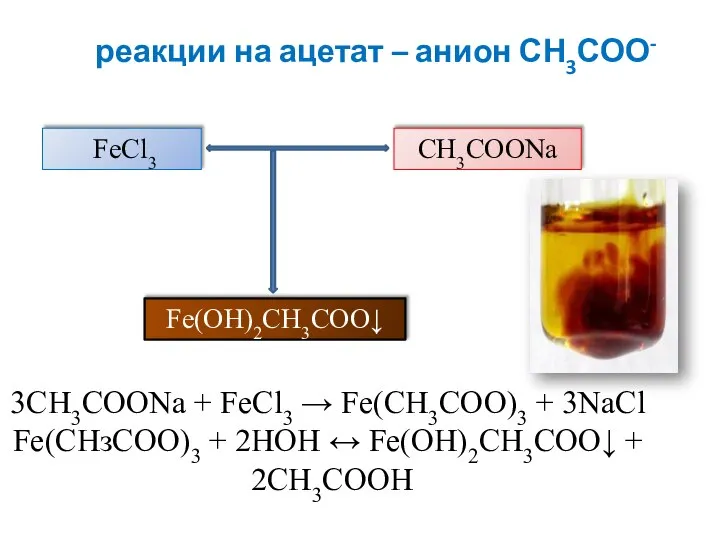 реакции на ацетат – анион СН3СОО- FeCl3 CH3COONa Fe(OH)2CH3COO↓ 3CH3COONa + FeCl3