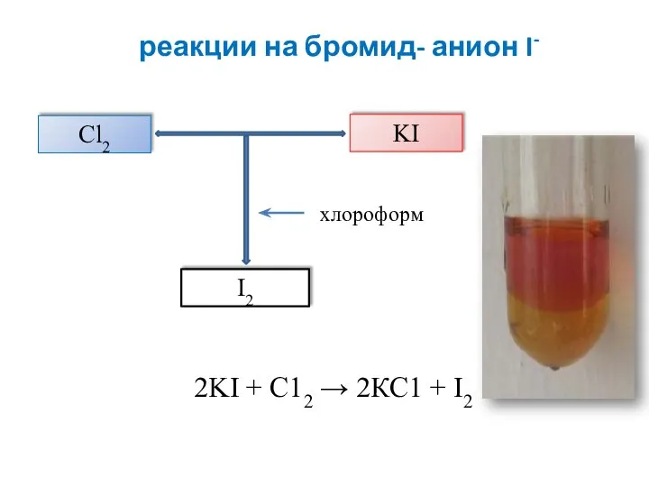 реакции на бромид- анион I- 2KI + С12 → 2КС1 + I2 Сl2 KI I2 хлороформ