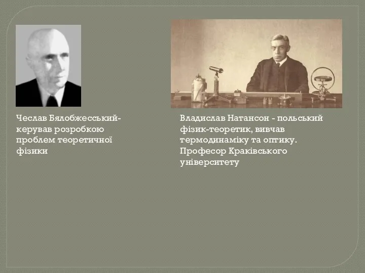 Чеслав Бялобжесський- керував розробкою проблем теоретичної фізики Владислав Натансон - польський фізик-теоретик,