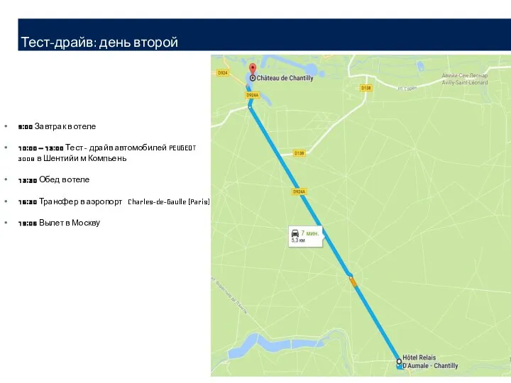 9:00 Завтрак в отеле 10:00 – 13:00 Тест - драйв автомобилей PEUGEOT