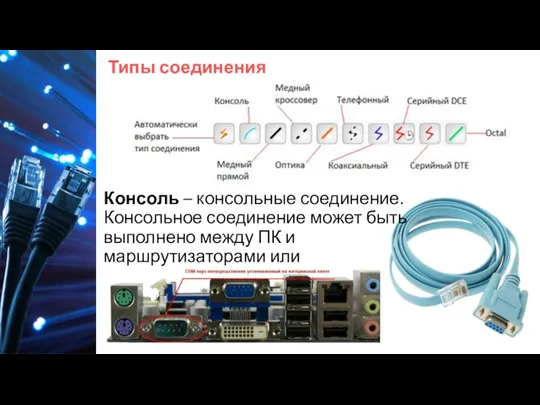 Типы соединения Консоль – консольные соединение. Консольное соединение может быть выполнено между