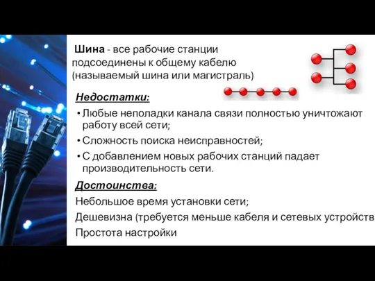 Достоинства: Небольшое время установки сети; Дешевизна (требуется меньше кабеля и сетевых устройств);