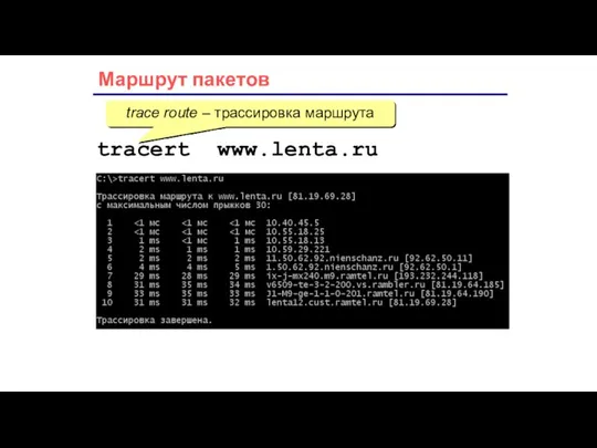 Маршрут пакетов tracert www.lenta.ru trace route – трассировка маршрута