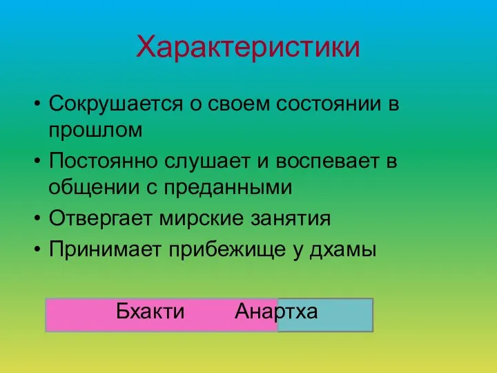 Характеристики Сокрушается о своем состоянии в прошлом Постоянно слушает и воспевает в