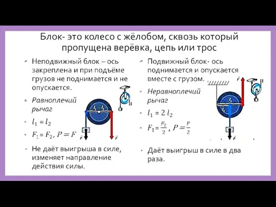 Блок- это колесо с жёлобом, сквозь который пропущена верёвка, цепь или трос