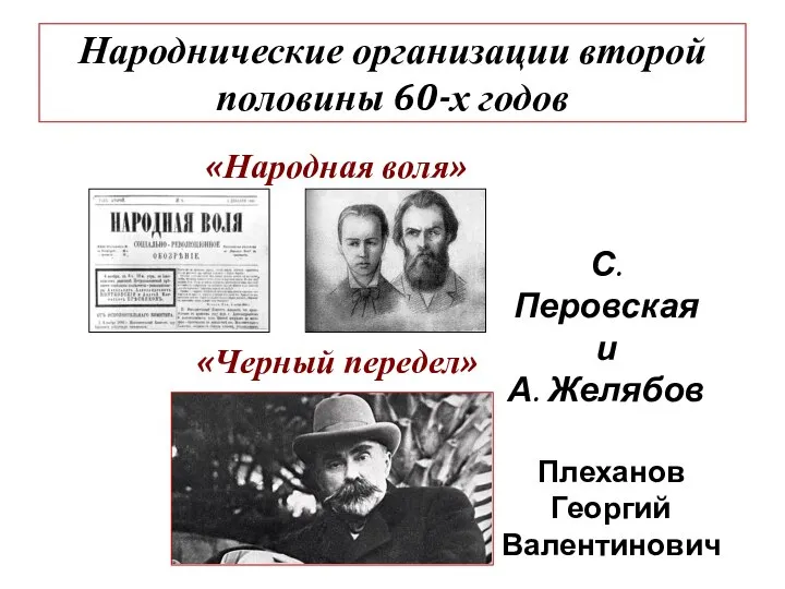 Народнические организации второй половины 60-х годов «Народная воля» «Черный передел» С. Перовская