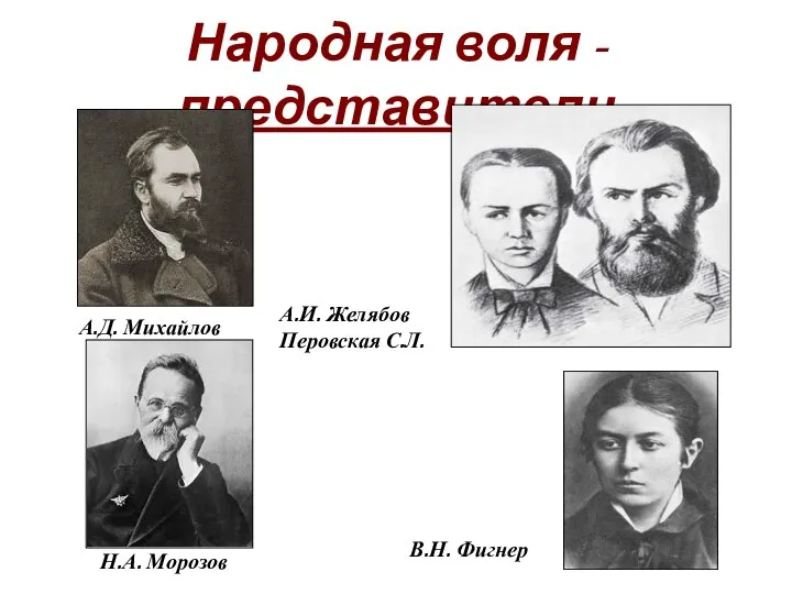 Народная воля - представители А.Д. Михайлов А.И. Желябов Перовская С.Л. Н.А. Морозов В.Н. Фигнер