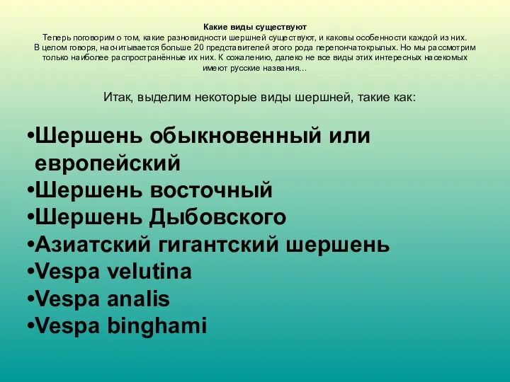 Какие виды существуют Теперь поговорим о том, какие разновидности шершней существуют, и