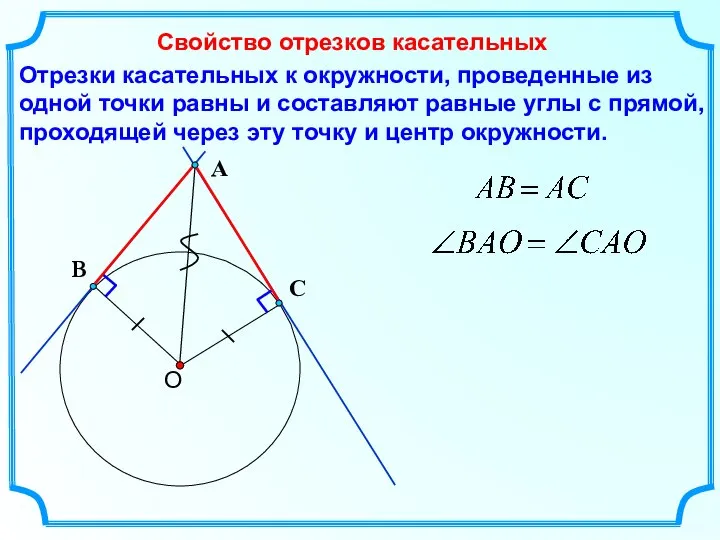 Отрезки касательных к окружности, проведенные из одной точки равны и составляют равные