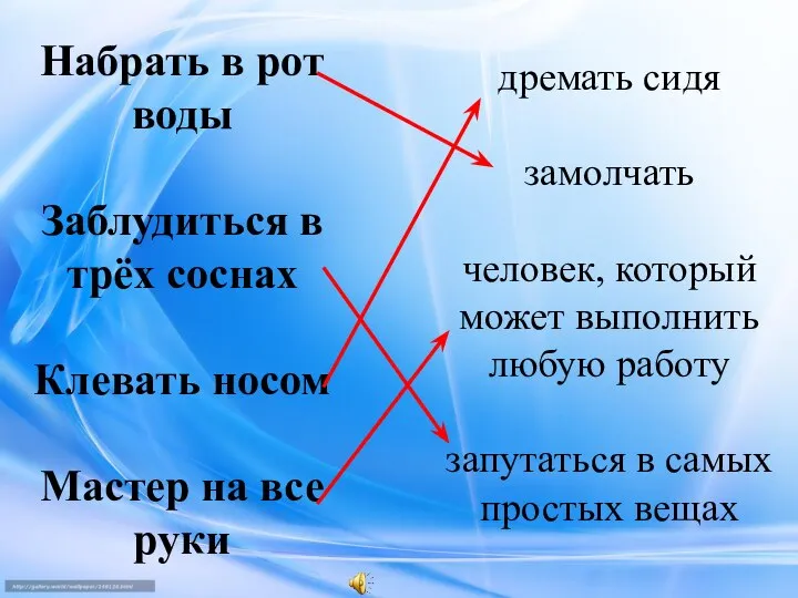 Набрать в рот воды Заблудиться в трёх соснах Клевать носом Мастер на