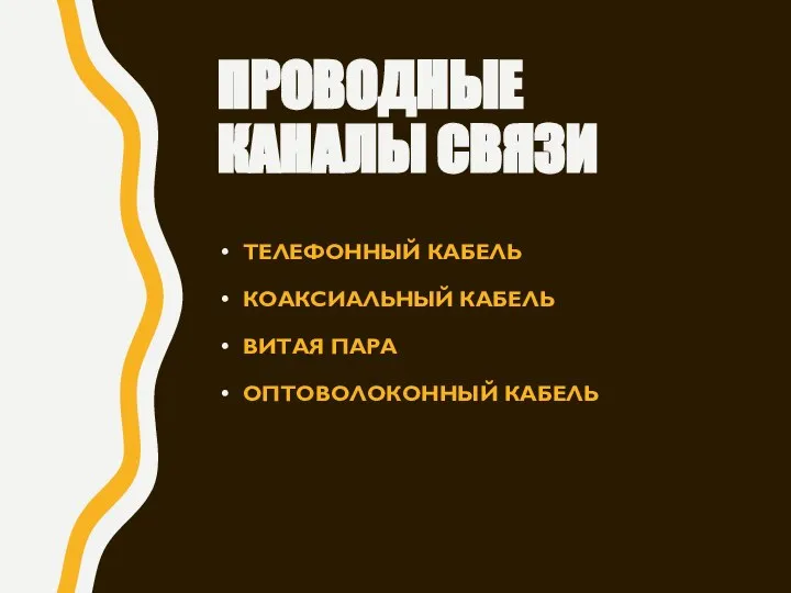 ПРОВОДНЫЕ КАНАЛЫ СВЯЗИ ТЕЛЕФОННЫЙ КАБЕЛЬ КОАКСИАЛЬНЫЙ КАБЕЛЬ ВИТАЯ ПАРА ОПТОВОЛОКОННЫЙ КАБЕЛЬ