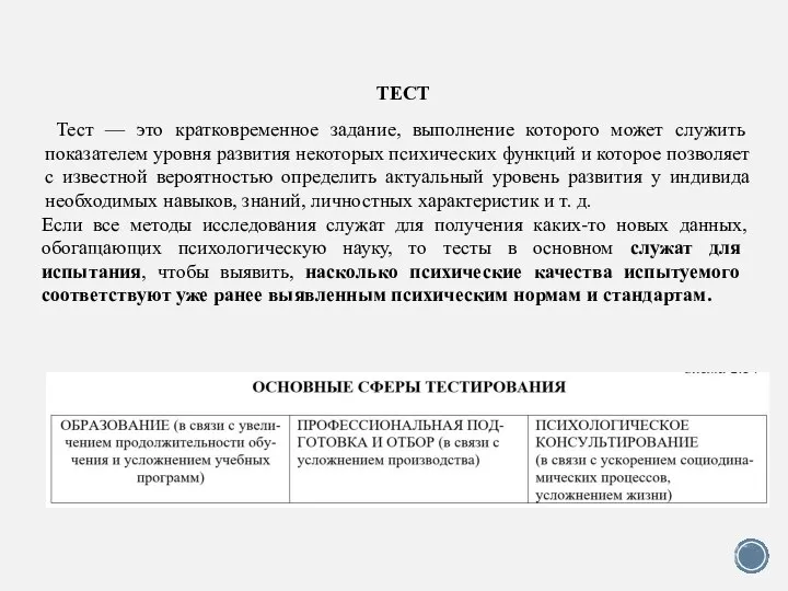 ТЕСТ Тест — это кратковременное задание, выполнение которого может служить показателем уровня