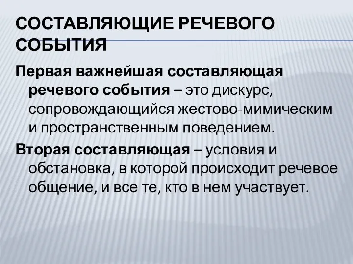 СОСТАВЛЯЮЩИЕ РЕЧЕВОГО СОБЫТИЯ Первая важнейшая составляющая речевого события – это дискурс, сопровождающийся