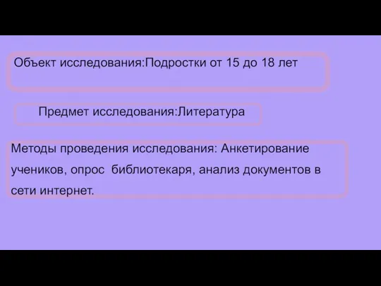 Предмет исследования:Литература Методы проведения исследования: Анкетирование учеников, опрос библиотекаря, анализ документов в