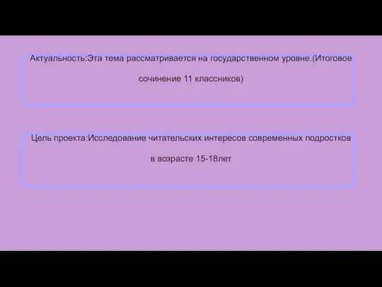 Актуальность:Эта тема рассматривается на государственном уровне.(Итоговое сочинение 11 классников) Цель проекта:Исследование читательских