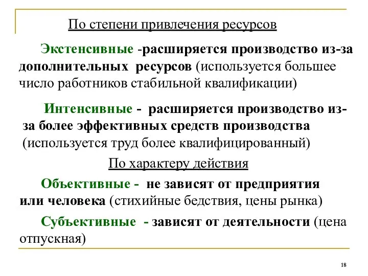 По степени привлечения ресурсов Экстенсивные -расширяется производство из-за дополнительных ресурсов (используется большее