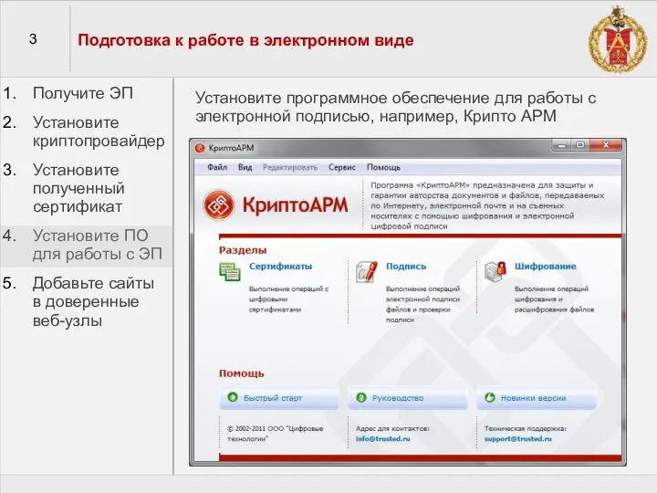 3 Подготовка к работе в электронном виде Получите ЭП Установите криптопровайдер Установите