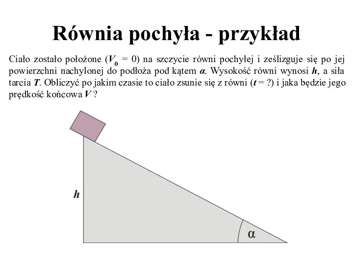 Równia pochyła - przykład Ciało zostało położone (V0 = 0) na szczycie