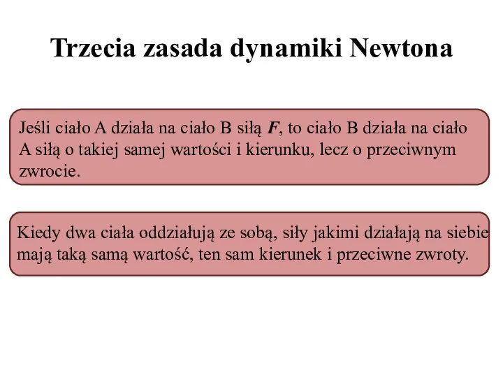 Trzecia zasada dynamiki Newtona Jeśli ciało A działa na ciało B siłą