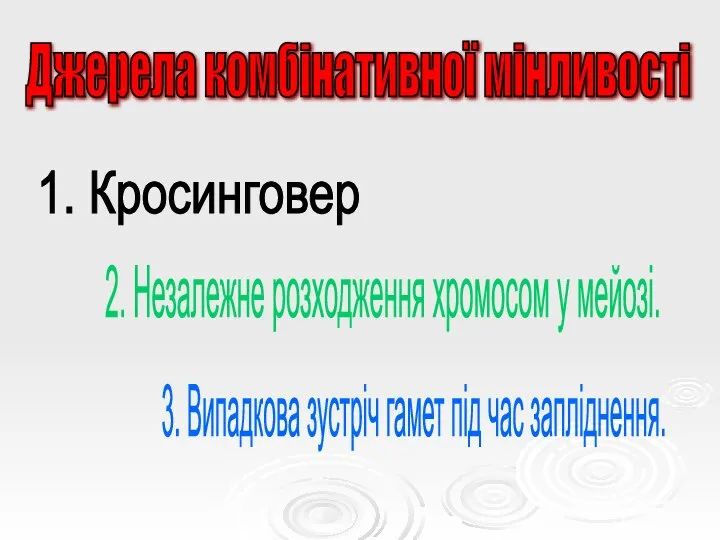 Джерела комбінативної мінливості 1. Кросинговер 2. Незалежне розходження хромосом у мейозі. 3.