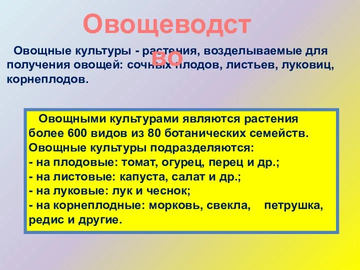 Овощные культуры - растения, возделываемые для получения овощей: сочных плодов, листьев, луковиц,