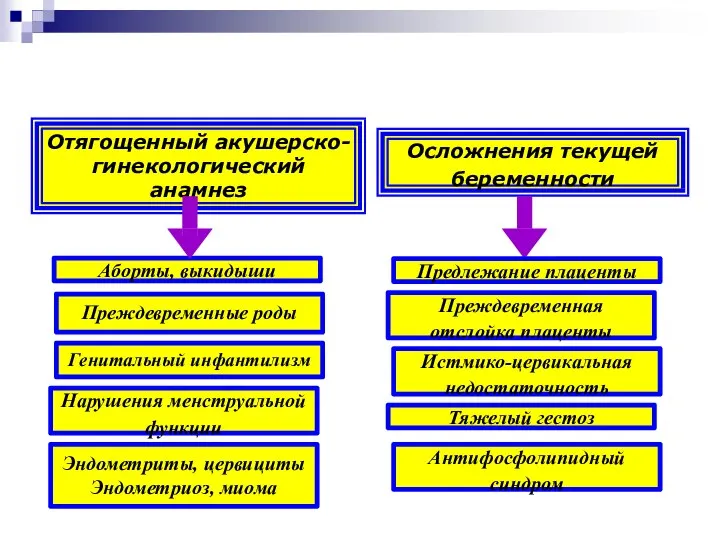 Отягощенный акушерско- гинекологический анамнез Аборты, выкидыши Преждевременные роды Нарушения менструальной функции Генитальный