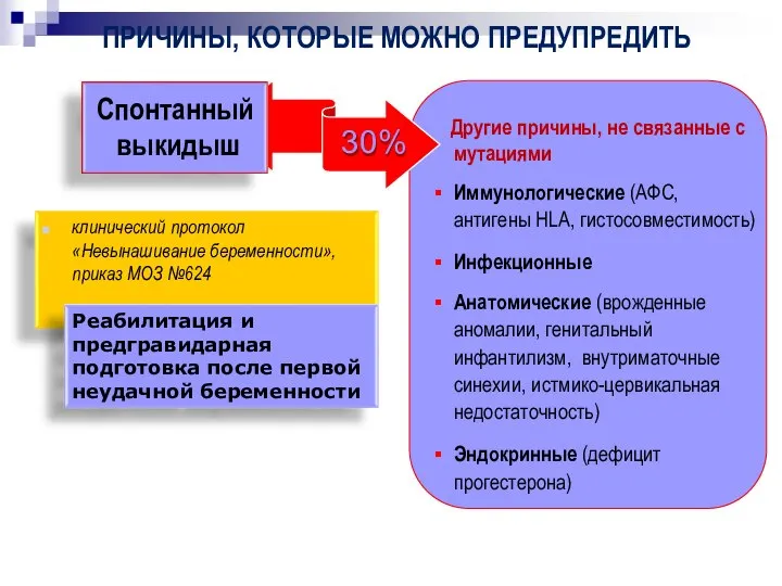 Спонтанный выкидыш 30% ПРИЧИНЫ, КОТОРЫЕ МОЖНО ПРЕДУПРЕДИТЬ Другие причины, не связанные с