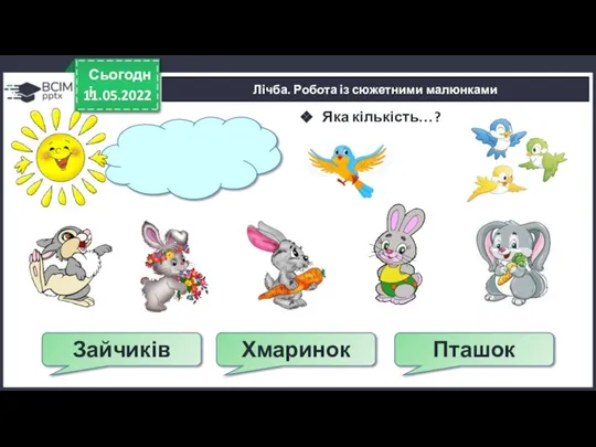 Лічба. Робота із сюжетними малюнками 11.05.2022 Сьогодні Зайчиків Яка кількість…? Хмаринок Пташок