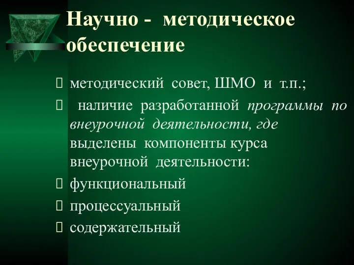 Научно - методическое обеспечение методический совет, ШМО и т.п.; наличие разработанной программы