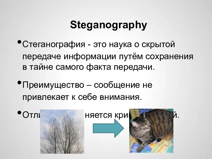 Steganography Стеганография - это наука о скрытой передаче информации путём сохранения в
