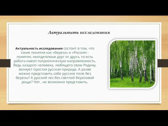 Актуальность исследования Актуальность исследования состоит в том, что такие понятия как «береза»