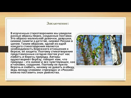 Заключение: В изученных стихотворениях мы увидели разные образы берез, созданные поэтами. Это