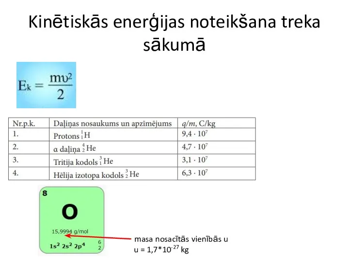 Kinētiskās enerģijas noteikšana treka sākumā masa nosacītās vienībās u u = 1,7*10-27 kg