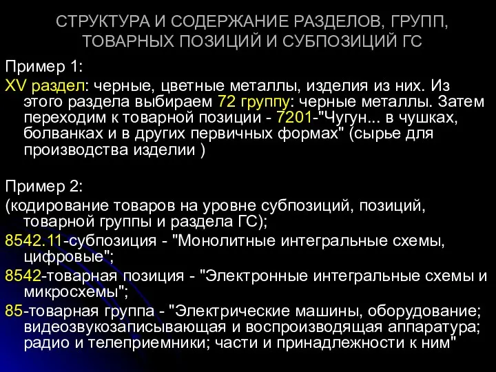 СТРУКТУРА И СОДЕРЖАНИЕ РАЗДЕЛОВ, ГРУПП, ТОВАРНЫХ ПОЗИЦИЙ И СУБПОЗИЦИЙ ГС Пример 1: