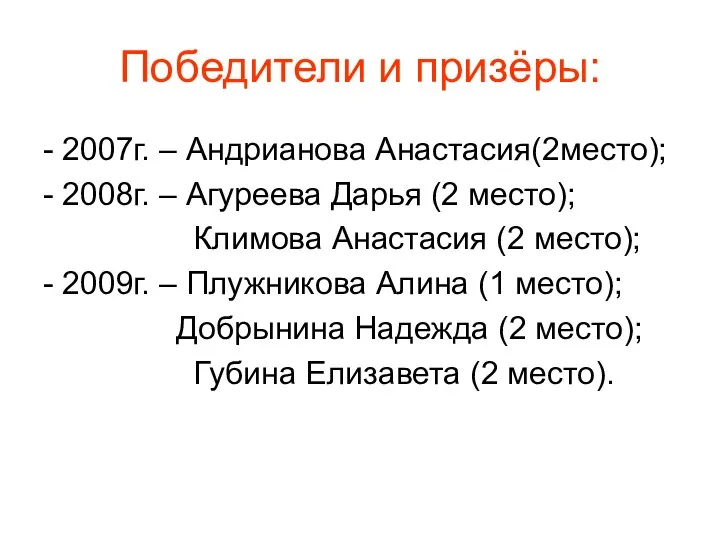 Победители и призёры: - 2007г. – Андрианова Анастасия(2место); - 2008г. – Агуреева