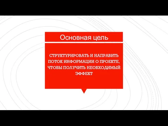 Основная цель СТРУКТУРИРОВАТЬ И НАПРАВИТЬ ПОТОК ИНФОРМАЦИИ О ПРОЕКТЕ, ЧТОБЫ ПОЛУЧИТЬ НЕОБХОДИМЫЙ ЭФФЕКТ