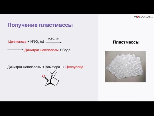 Получение пластмассы Пластмассы Целлюлоза + HNO3 (к) Динитрат целлюлозы + Вода H2SO4