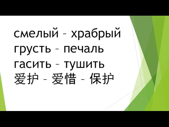 смелый – храбрый грусть – печаль гасить – тушить 爱护 – 爱惜 – 保护