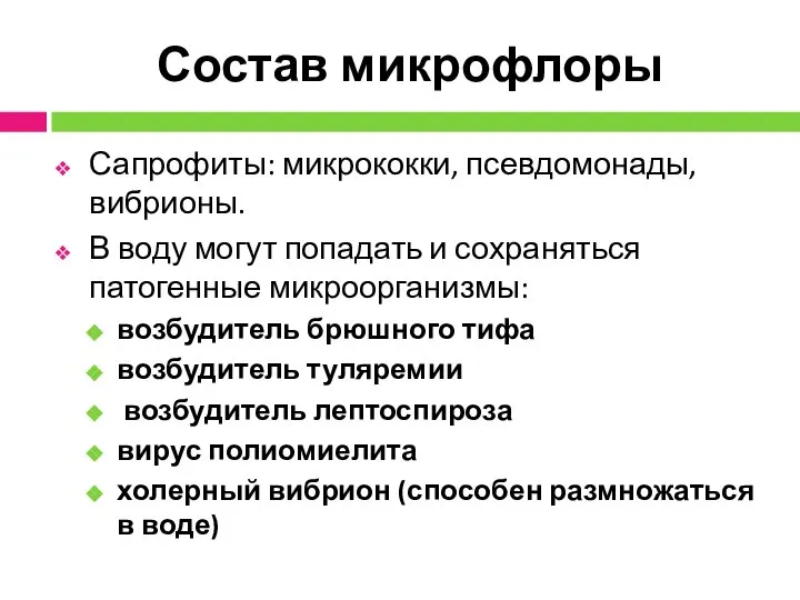 Состав микрофлоры Сапрофиты: микрококки, псевдомонады, вибрионы. В воду могут попадать и сохраняться